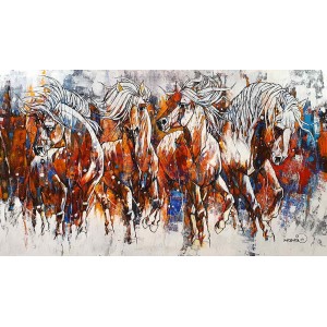 Momin Khan, 42 x 72 Inch, Acrylic on Canvas, Horse Painting, AC-MK-114